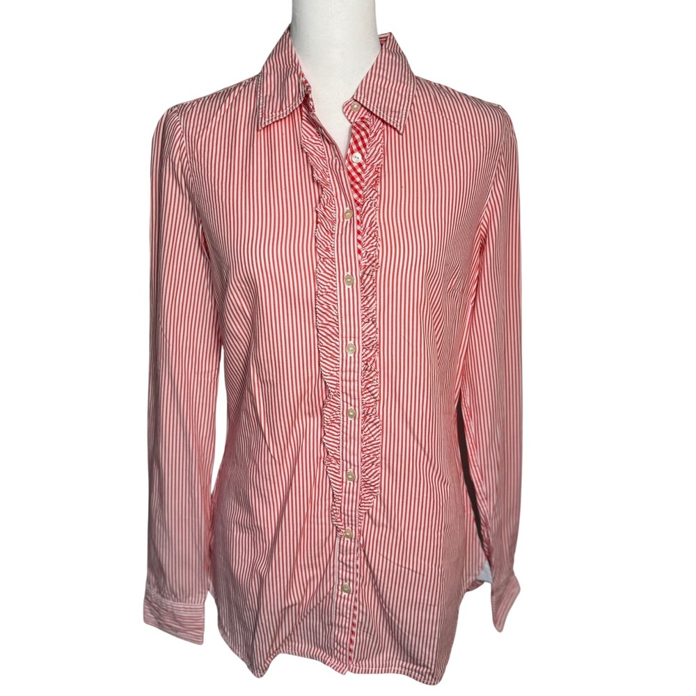 TOMMY HILFIGER Women's 8 Red White Blue Stripe Ruffle Button Down Shirt Blouse